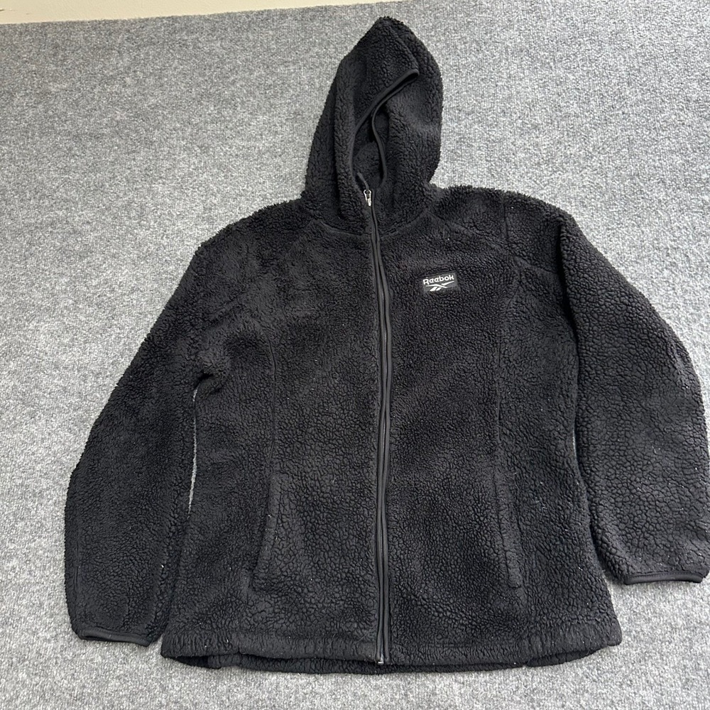 Reebok Fleece Hoodie Womens Size XL Black Sherpa Full Zip Athletic Jacket Soft